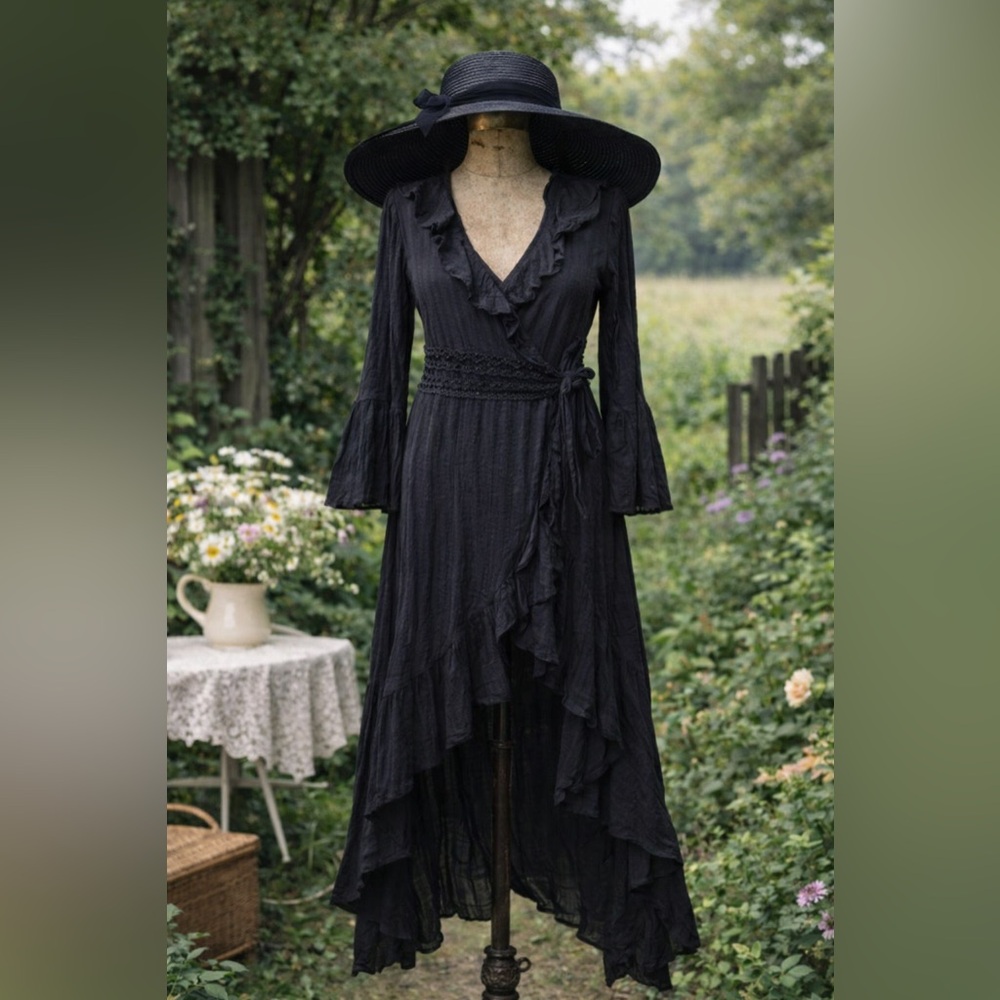 NU Resort Black Ruffled Wrap Maxi Dress with Mesh Beaded Waistline & Tie Waist